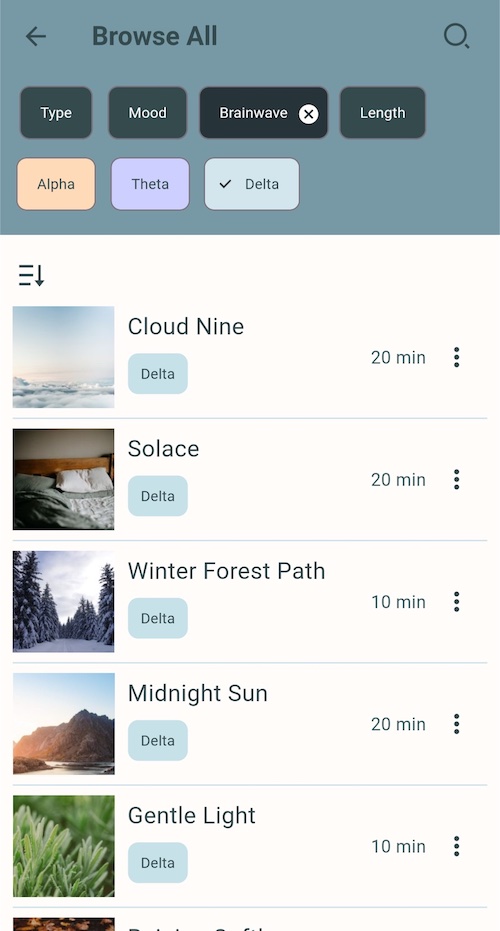 Screenshot of the Restful app with the Delta brain waves filter applied